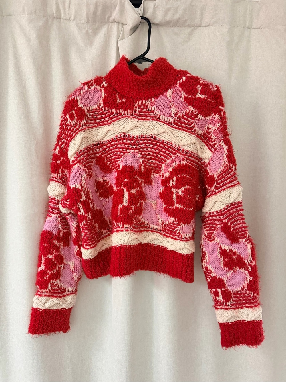 Zara Red Pink Cream Patterned Turtleneck Sweater